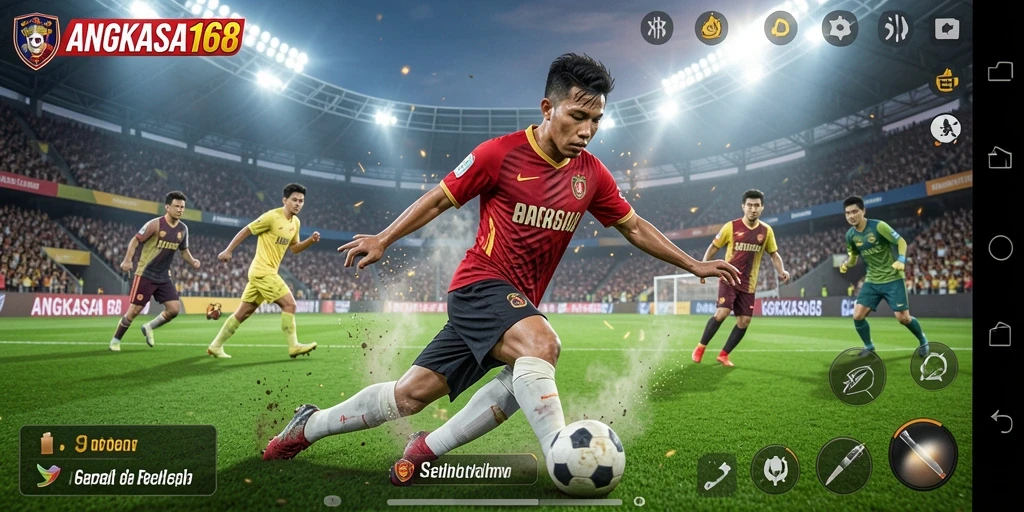 Screenshot gameplay menunjukkan aksi menegangkan di lapangan sepak bola.