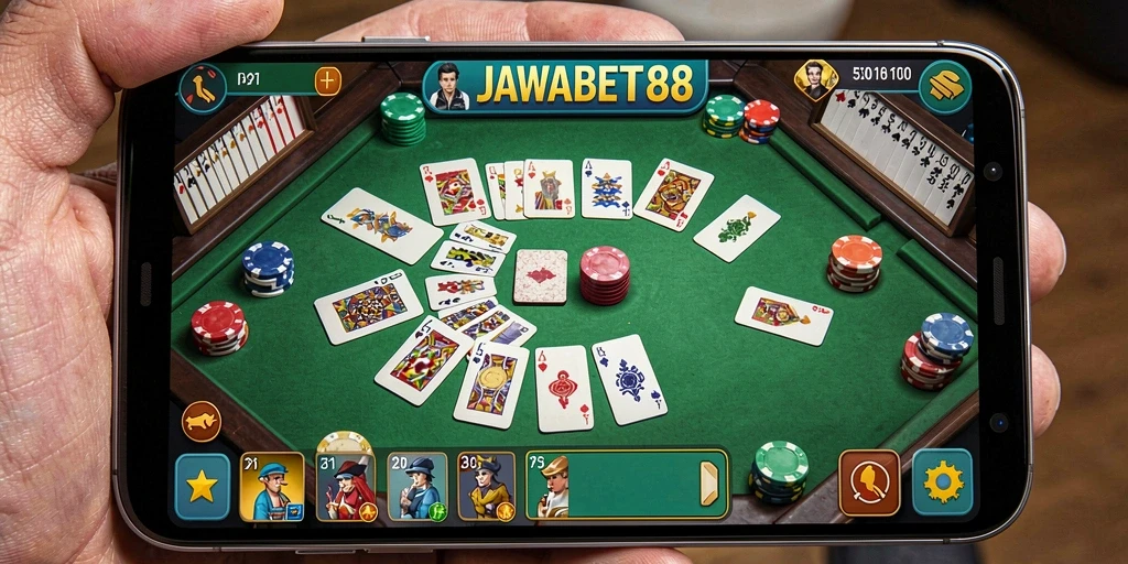Screenshot gameplay JAWABET88 menampilkan suasana permainan Gaple yang seru.