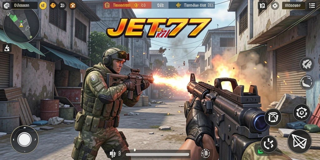 Screenshot permainan JET77 menampilkan aksi tembak-menembak yang intens.