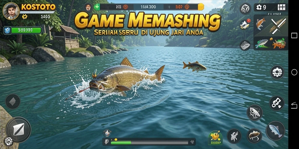 Screenshot utama KOSTOTO menampilkan aksi seru saat memancing di lokasi tropis indah.