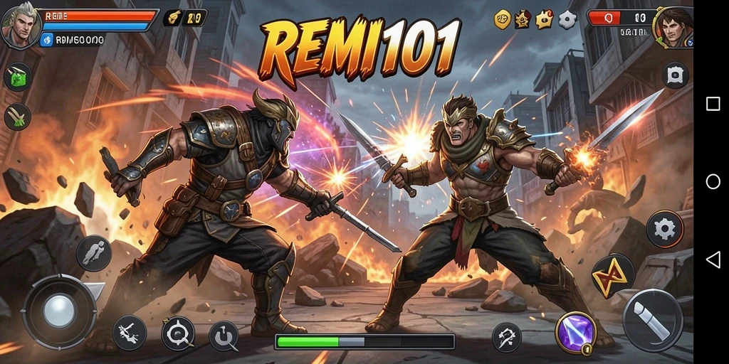 Screenshot gameplay REMI101 yang menampilkan pertarungan seru dan karakter menarik.