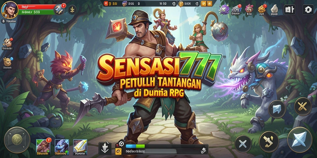Tampilan gameplay SENSASI777 yang menampilkan karakter dalam pertempuran epik.