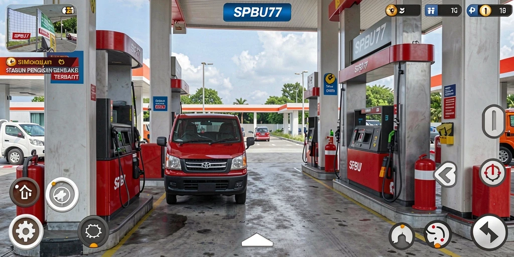 Screenshot gameplay SPBU77 dengan suasana pengelolaan stasiun yang dinamis.